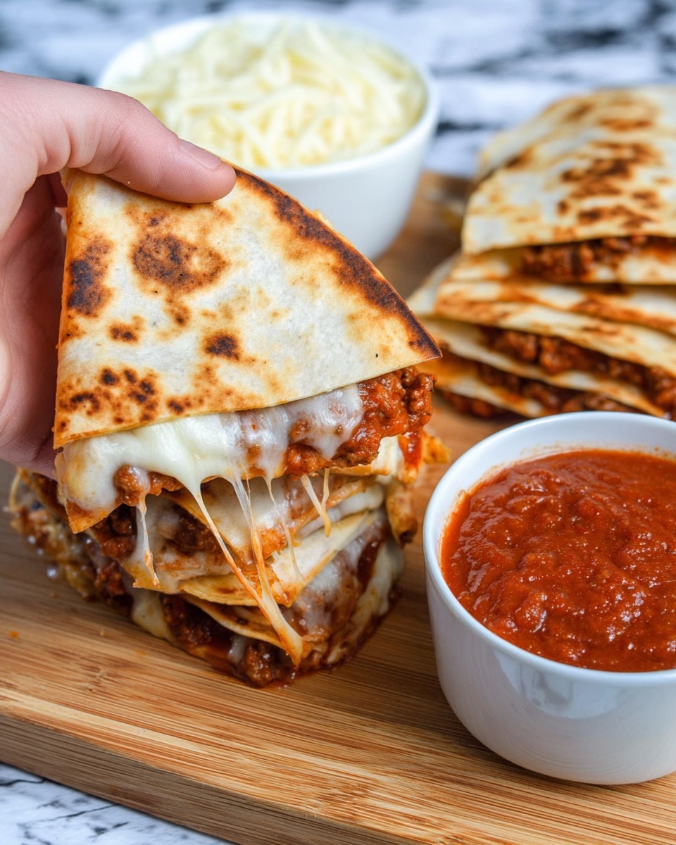 The image shows a woman’s hand holding a toasted quesadilla half filled with a layer of melted white cheese that is soft and stringy, beneath a second layer of cooked ground meat with a reddish-brown color mixed with tomato sauce. Below it on a wooden board is a stack of similar quesadilla halves with browned, slightly crispy, lightly spotted outer tortillas. To the right is a white bowl filled with thick, chunky red tomato sauce with visible bits of seasoning. In the background to the left is another white bowl containing shredded white cheese. The surface underneath is a white marbled texture. Photo taken with an iphone --ar 4:5 --v 7