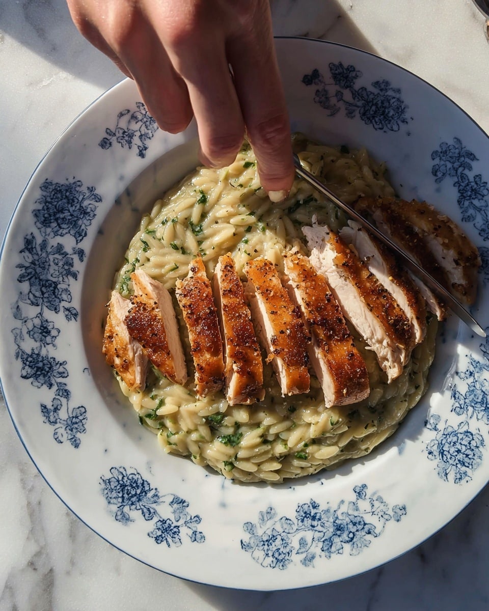 A white plate with blue floral patterns holds a dish with two main layers. The bottom layer is creamy orzo pasta mixed with green herbs, spread in a thick, slightly lumpy bed covering the base of the plate. On top of this, there are six slices of golden-brown roasted chicken arranged in a neat row, the crispy skin showing a light char and a few pepper flakes, with tender white meat visible beneath. A woman's hand is in the foreground, holding a knife cutting into one of the chicken pieces, showing action and adding a human element. The plate rests on a white marbled surface with natural light casting soft shadows. photo taken with an iphone --ar 4:5 --v 7
