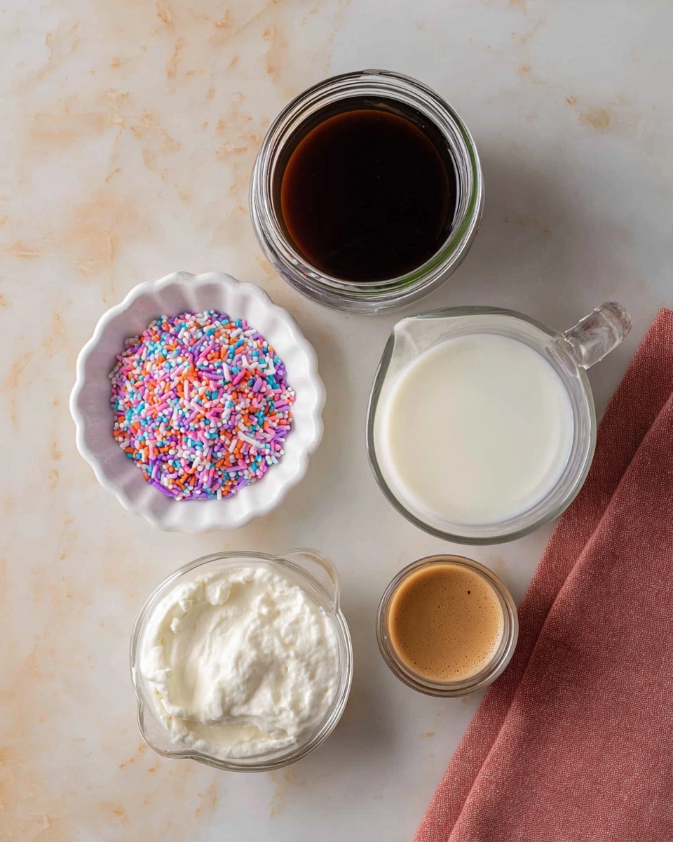 The image shows five small containers with different ingredients arranged on a white marbled surface. At the top center, there is a clear glass jar filled with dark brown liquid. Below it, on the left, is a white small scalloped dish holding colorful sprinkles in pink, blue, orange, purple, and white. To the right of the sprinkles, there is a clear measuring cup filled with white milk. Below the measuring cup, there is a glass bowl with thick white cream, and to the left of it, a small glass cup filled with a frothy brown liquid, possibly espresso. A folded reddish-pink cloth napkin is laid below the glass cup. photo taken with an iphone --ar 4:5 --v 7