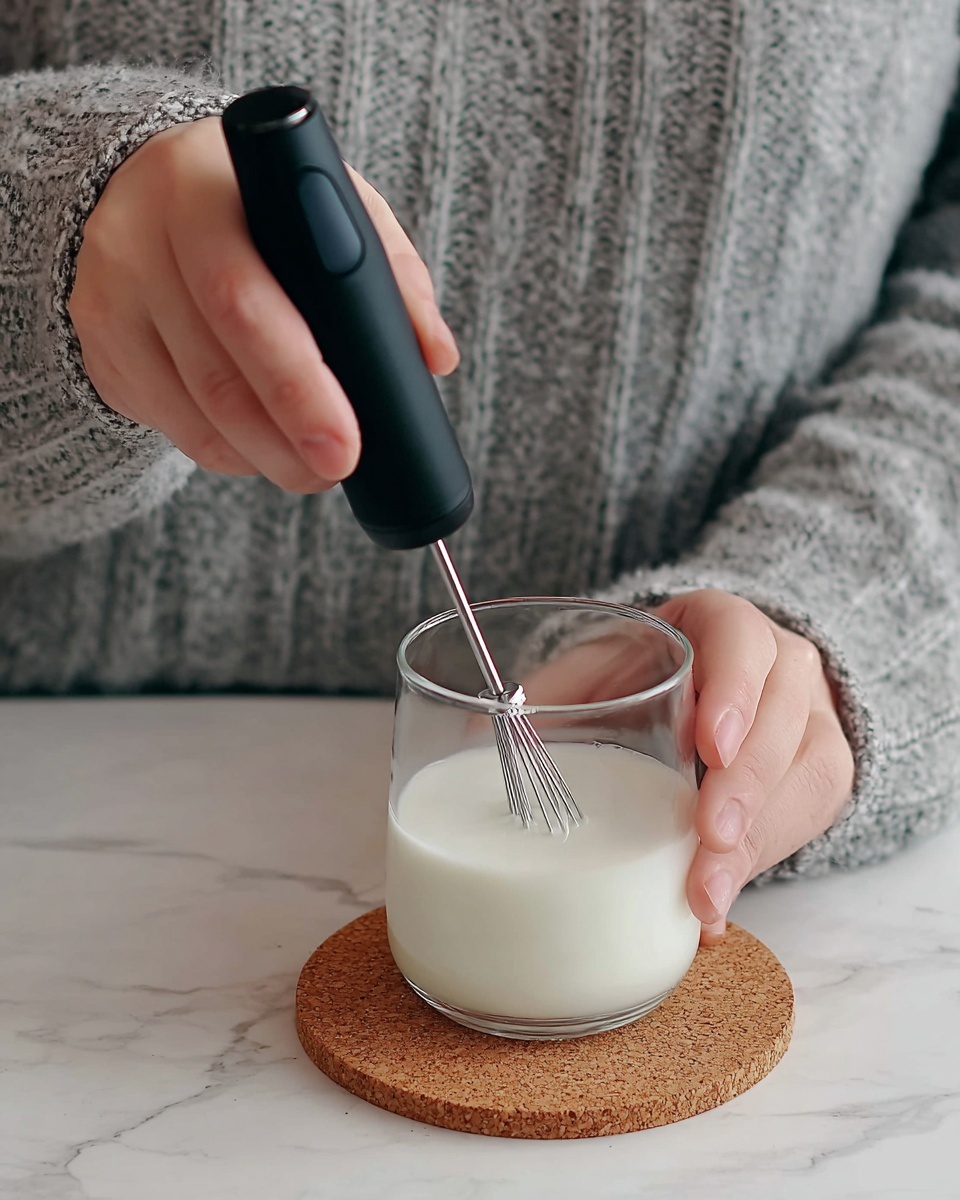 A close-up image shows a woman's hand holding a clear glass filled halfway with white milk, placed on a round cork coaster. Another woman's hand holds a black handheld milk frother turned on, with the thin metal whisk partially submerged in the milk. The background is a soft gray sweater, and the setting has a white marbled texture surface. photo taken with an iphone --ar 4:5 --v 7