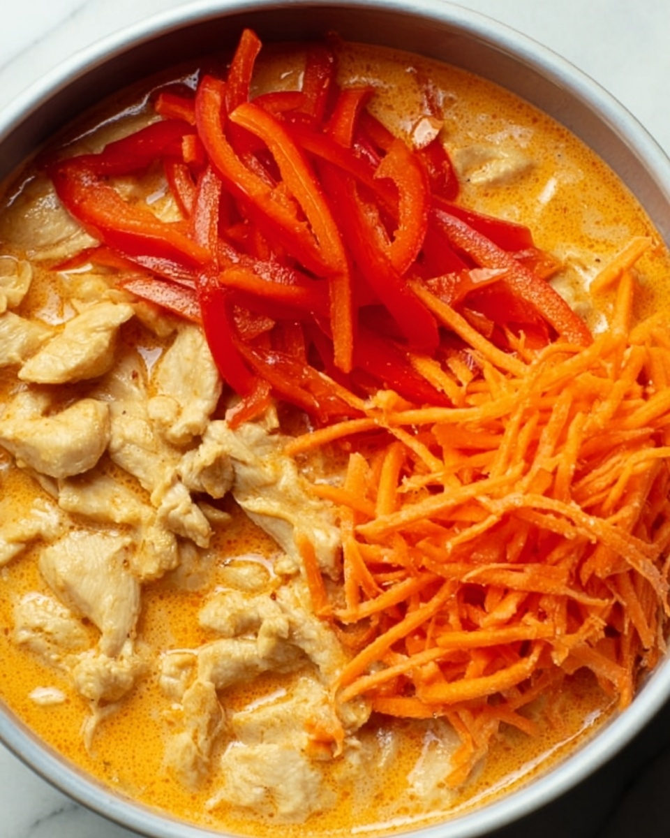 A close-up view of a white bowl filled with a creamy orange sauce mixed with pieces of light-colored chicken. On top of the sauce, there are two separate piles: one with thin strips of bright red bell pepper on the left side, and another with shredded orange carrots on the right side. The bowl sits on a white marbled surface. The sauce looks smooth and thick, covering most of the chicken, while the vegetables add fresh, vibrant colors on top. Photo taken with an iphone --ar 4:5 --v 7