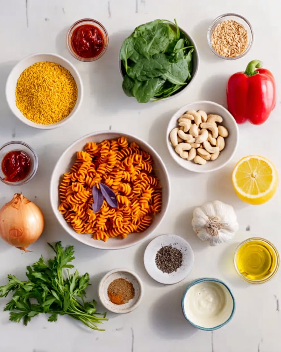 The image shows a white marbled surface with various ingredients neatly arranged. There is a white bowl in the center filled with orange rotini pasta with two small purple dried leaves on top. Around it, several smaller white bowls hold light brown beans, green spinach leaves, cashew nuts, and yellow couscous. On the surface, there are two onions, a yellow and a red bell pepper, a small amount of olive oil in a white bowl, lemon halves, garlic cloves, and fresh green parsley. In addition, small bowls have red ketchup, ground spices (red, yellow, and black), sun-dried tomatoes, and a white creamy liquid. The layout is clean and bright, all colors a bit muted by natural light. photo taken with an iphone --ar 4:5 --v 7