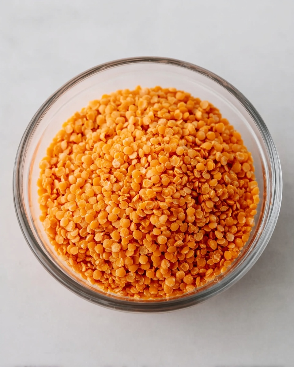 A clear glass bowl filled with small, round orange lentils that create an even layer inside the bowl. The lentils have a smooth texture and their bright orange color stands out against the bowl. The bowl is placed on a white marbled surface, with a clean and simple look. photo taken with an iphone --ar 4:5 --v 7