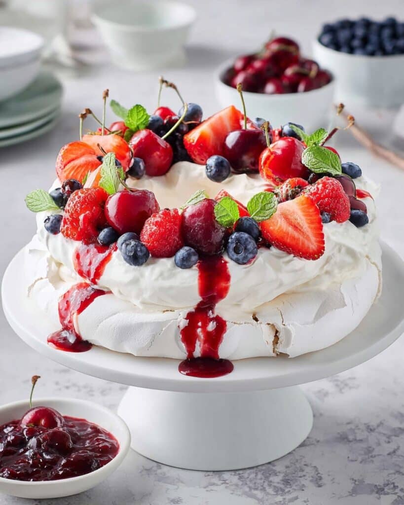 Pavlova Wreath with Fresh Berries and Raspberry Coulis Recipe