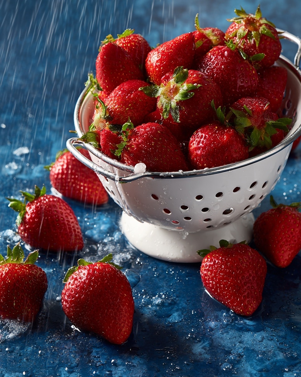A white colander filled with fresh red strawberries, some with green leaves attached, is tipped over spilling strawberries onto a dark blue surface with water droplets. The strawberries have a shiny, smooth texture and a bright red color, showing their freshness. The arrangement is casual with strawberries scattered in various directions, some standing upright and others lying on their sides. The surface is slightly wet, adding a fresh feeling to the scene. photo taken with an iphone --ar 4:5 --v 7