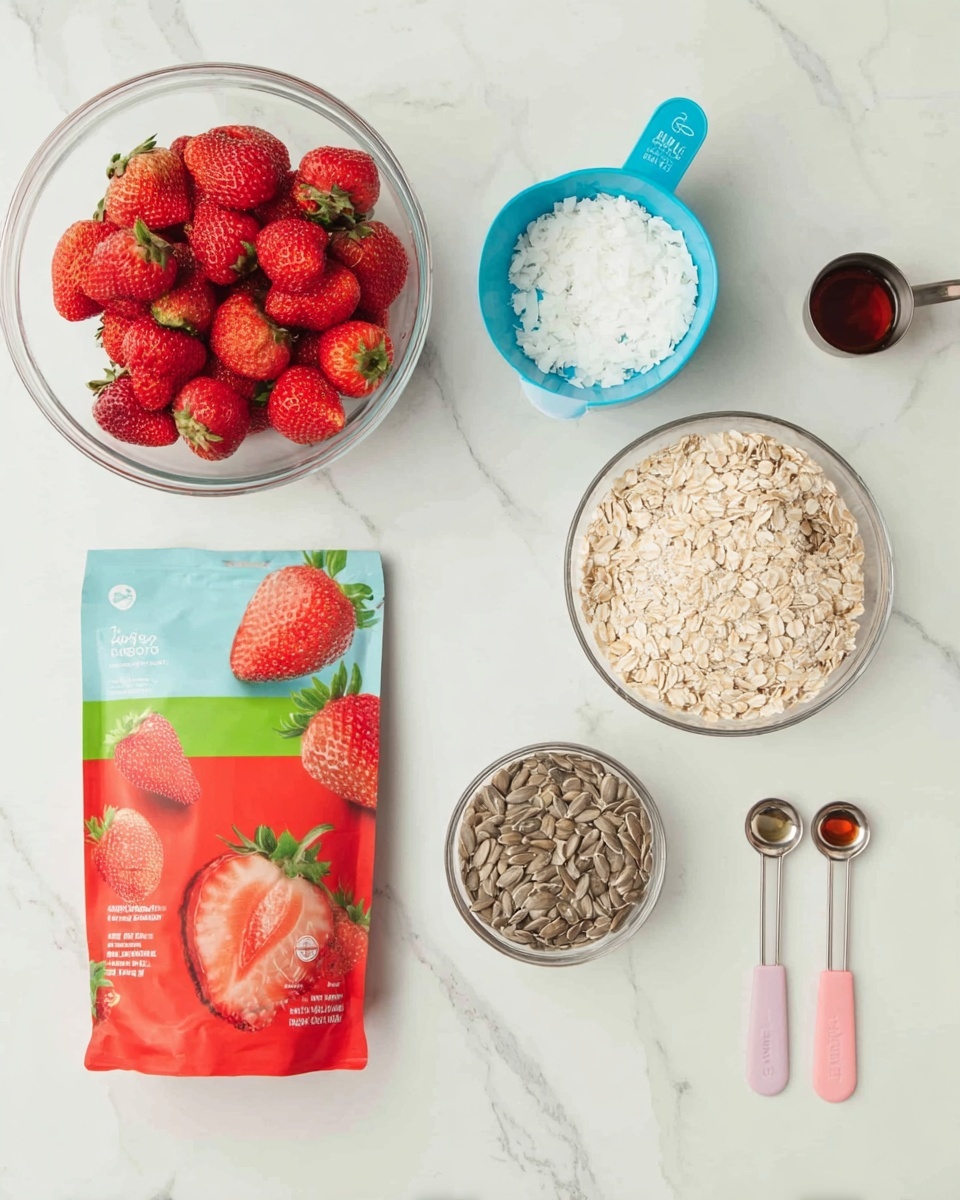 The image shows a white marbled surface with a clear glass bowl filled with fresh red strawberries on the top left. Below this is a bright red and green package with pictures of strawberries on it. To the right of the package, there is a small blue measuring cup filled with white coconut flakes. Next to the coconut flakes, there is a metal scoop filled with light beige oats. Below the oats is a clear glass bowl containing light brown sunflower seeds. On the top right, two small measuring spoons are placed side by side, one light blue and one light pink, each holding a small amount of dark brown liquid. photo taken with an iphone --ar 4:5 --v 7