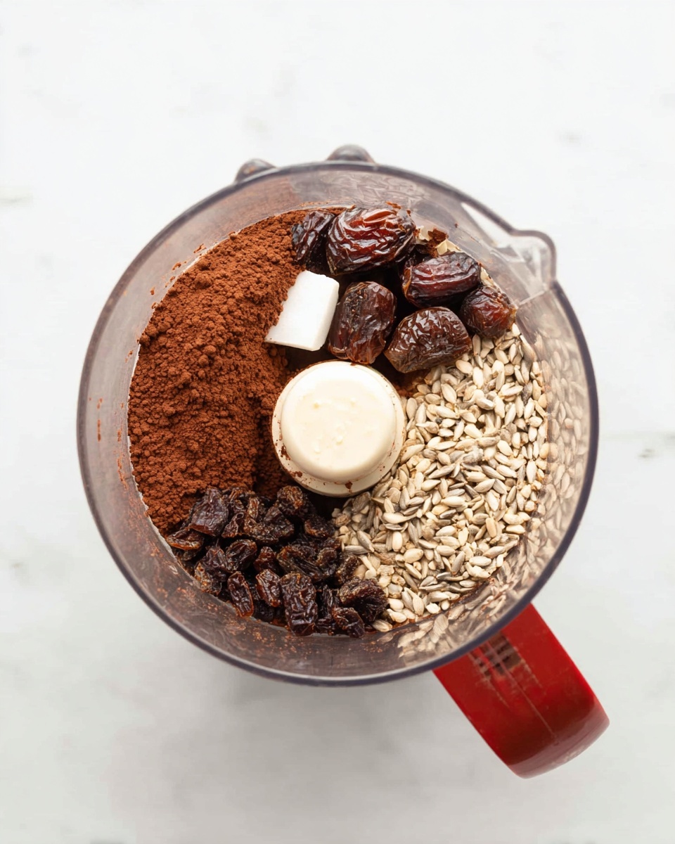 A clear food processor bowl shows five separate layers inside: on the left, a smooth dark brown layer of cocoa powder; next to it, a small white chunk of coconut oil; above that, several whole dark brown dried dates; on the right side, a pile of light beige sunflower seeds; and at the bottom, a layer of small wrinkled dark raisins. The bowl has a red handle and is placed on a white marbled surface. Photo taken with an iphone --ar 4:5 --v 7