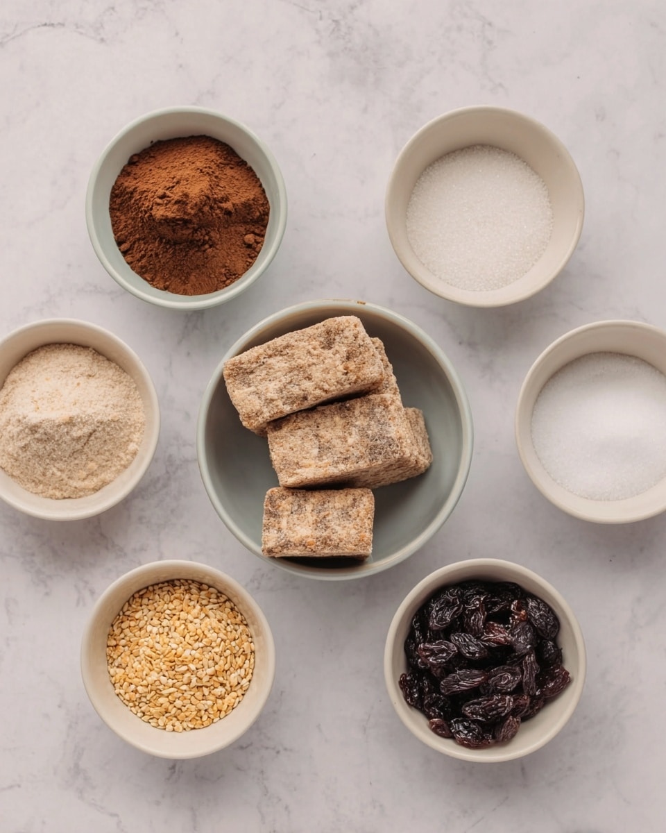 The image shows six white bowls arranged on a white marbled texture. In the center bowl, there are five light brown, rough-textured blocks stacked neatly. Around the center bowl, five other bowls are placed, each holding different ingredients: the top left bowl contains dark brown powder, the top right bowl has fine white salt grains, the bottom left bowl is filled with off-white seeds, the bottom right bowl is empty, and the bottom center bowl is filled with dark dried raisins. photo taken with an iphone --ar 4:5 --v 7