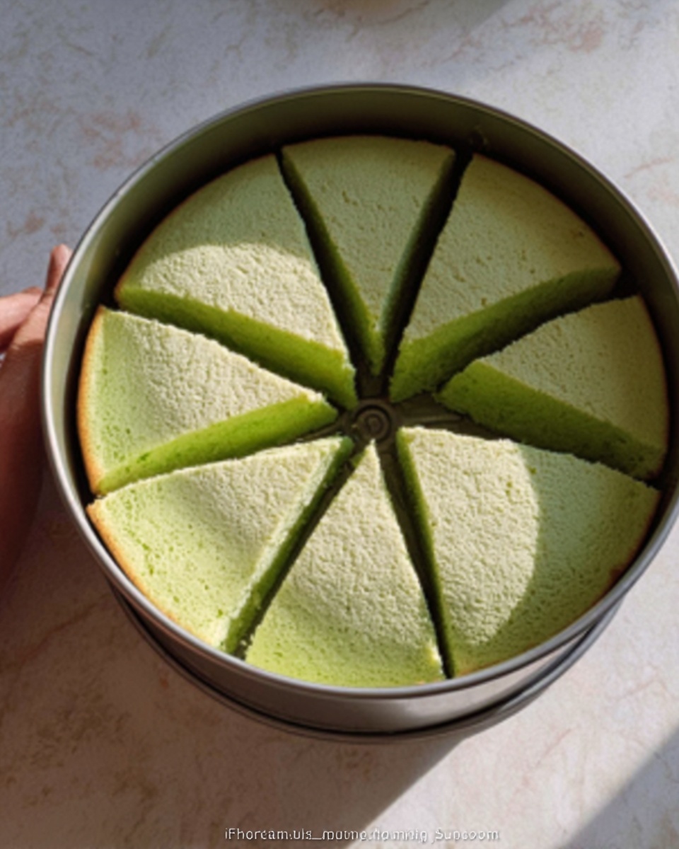 The image shows a round cake with a light green top layer that is soft and smooth in texture. The cake is sliced into eight even pieces and is placed inside a circular metal pan. The background is a white marbled surface, and a woman's hand is partially visible near the pan, appearing to hold or stabilize it. The lighting is natural, making the green color of the cake clear and fresh. photo taken with an iphone --ar 4:5 --v 7
