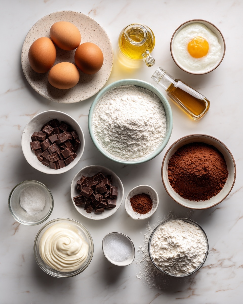Top-down professional food photography, flat lay style, bright white marble countertop, neatly arranged, evenly spaced, tidy, clean organized layout. Include: four large eggs on a small plate, bowl of granulated sugar, small bottle of vanilla flavoring, small bowl of salt, glass measuring cup of sunflower oil, bowl of all-purpose flour, small bowl of cocoa powder, small bowl of baking powder, small glass cup of heavy whipping cream, small bowl with chopped semisweet chocolate. Bright soft natural lighting, sharp focus, high detail textures, realistic reflections, professional DSLR look, 4K, no finished dish, no cooked food, no hands, no text, no watermark, no brand logos --ar 4:5 --v 7