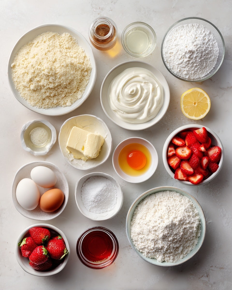 Top-down professional food photography, flat lay style, bright white marble countertop, neatly arranged, evenly spaced, tidy, clean organized layout, include: bowl of crushed plain biscuits resembling fine crumbs, small glass cup of melted unsalted butter, small bowl of softened cream cheese, small bowl of plain flour, small bottle of vanilla flavoring, small glass cup of full fat sour cream, small bowl of caster sugar, small bowl of lemon zest, small plate with whole eggs, small bowl of diced fresh strawberries, small bowl of halved fresh strawberries, small glass cup of lemon juice, small bowl of white sugar, small bowl of cornflour mixed with water, small glass cup of water, bright soft natural lighting, sharp focus, high detail textures, realistic reflections, professional DSLR look, 4K, no finished dish, no cooked food, no hands, no text, no watermark, no brand logos --ar 4:5 --v 7