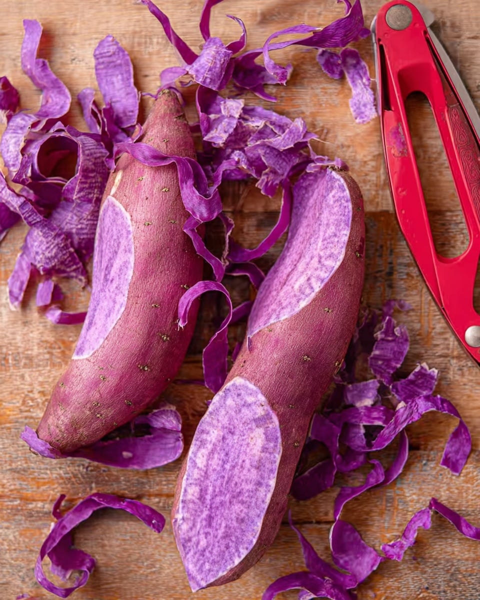 The image shows two peeled purple sweet potatoes placed on a wooden surface with their peeled skins scattered around them. A red peeler is also visible on the right side of the image among the peels. The peeled sweet potatoes have a smooth, slightly shiny texture and a rich purple color. photo taken with an iphone --ar 4:5 --v 7