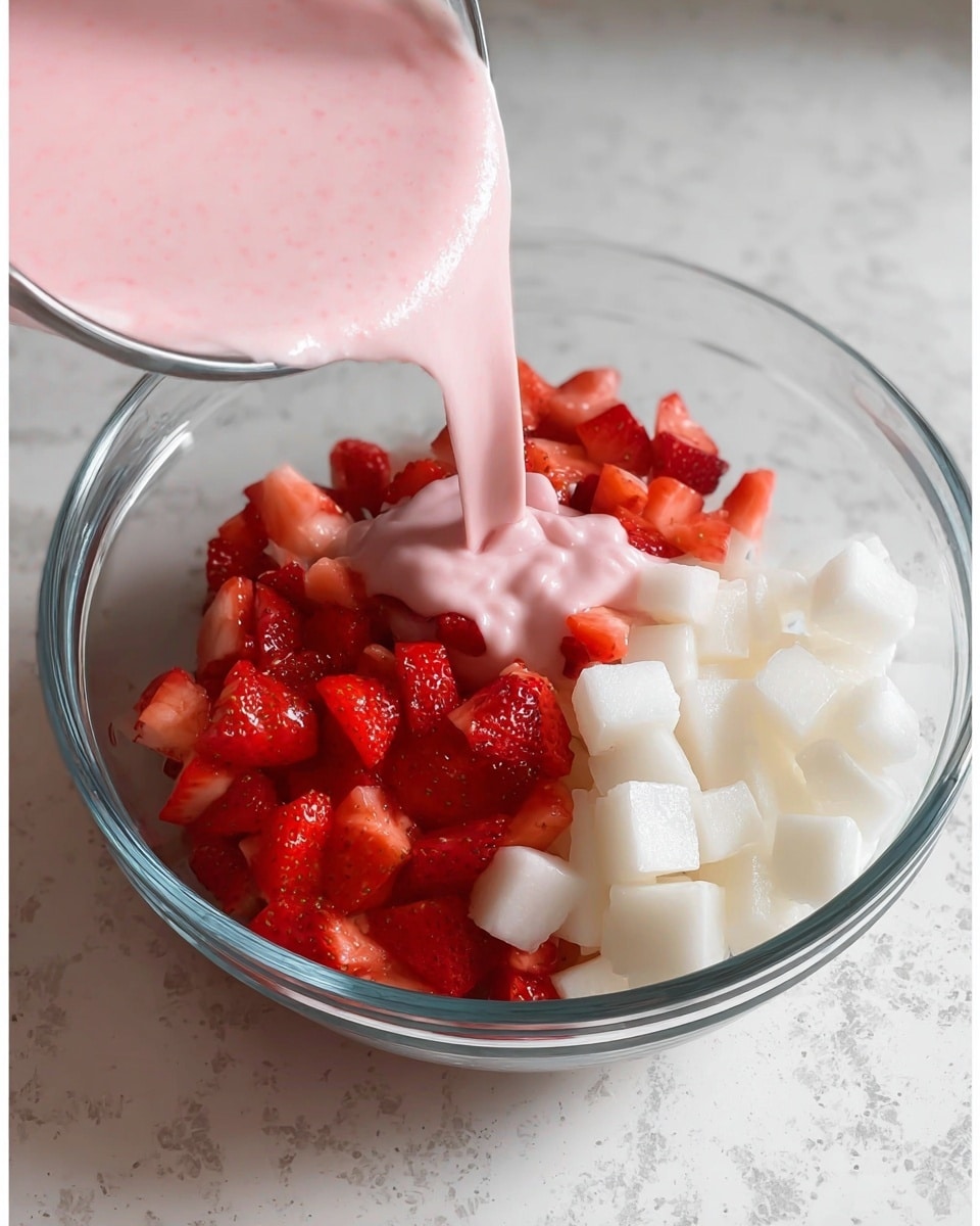 A clear glass bowl sits on a white marbled surface holding three main layers: bright red chopped strawberries clustered closely on one side, translucent white jelly cubes neatly placed next to the strawberries, and a thick pink creamy mixture being poured from above, starting to cover half the jelly and strawberries with a smooth, soft texture. The bowl is full but not overflowing, showing clear separation of layers. Photo taken with an iphone --ar 4:5 --v 7