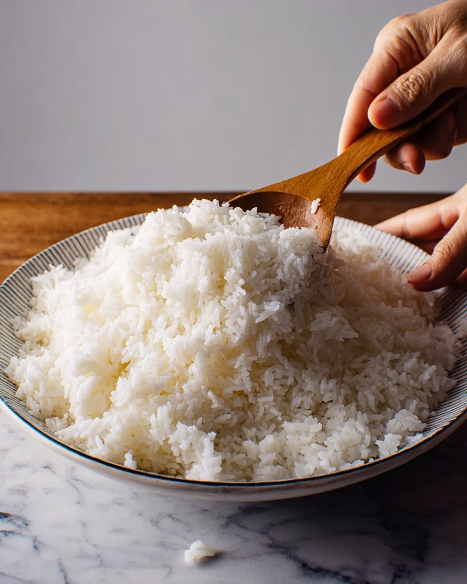 A close-up image of a large white shallow bowl filled with a thick mound of fluffy white cooked rice. A woman's hand holds a wooden spoon, stirring the rice from the top center, with another woman's hand resting beside the bowl. The background is a white marbled surface, and the lighting highlights the soft texture of each rice grain, showing slight translucence and moistness. photo taken with an iphone --ar 4:5 --v 7