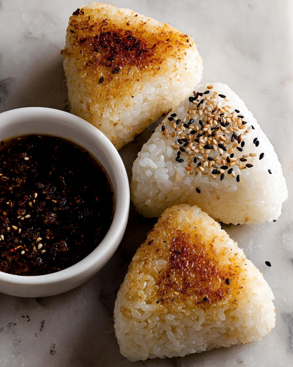 The image shows four triangular rice balls with a golden-brown grilled surface on one side sprinkled with black and white sesame seeds. The rice is white and tightly packed, with one rice ball turned to show a plain white side without grilling. A small white bowl sits in the lower left corner filled with a dark sauce that looks thick and textured. The background is a white marbled texture. Photo taken with an iphone --ar 4:5 --v 7