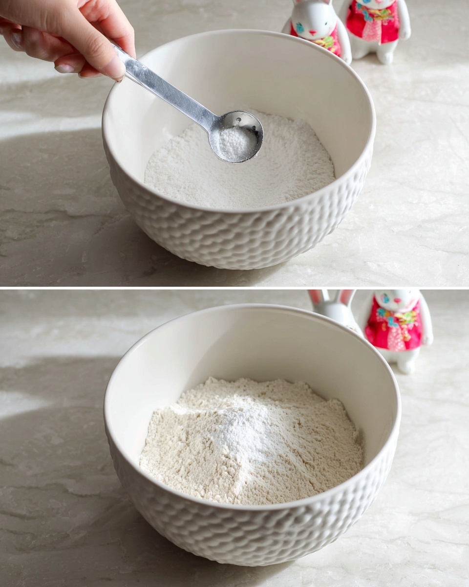 The image shows a white bowl with a honeycomb texture on a white marbled surface. Inside the bowl, there is a layer of white flour with a small pile of white salt in the middle. In the second frame, a woman's hand is stirring the dry ingredients with a silver measuring spoon, mixing the salt and flour together. In the background, there are two small white bunny figurines dressed in red and pink clothes, adding a cute touch to the scene. The lighting creates soft shadows around the bowl and hand, highlighting the texture of the flour and the bowl. photo taken with an iphone --ar 4:5 --v 7