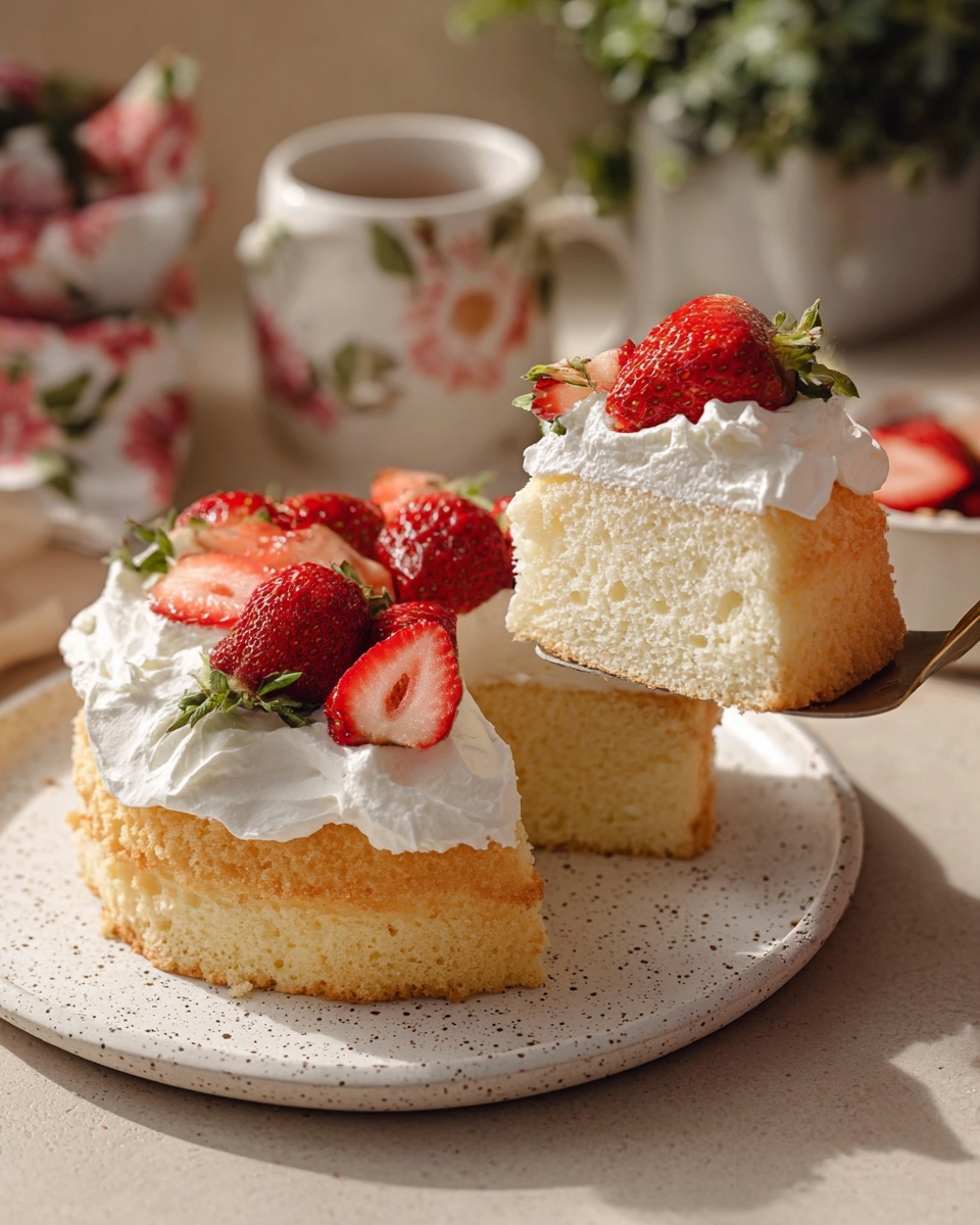 A single-layer yellow sponge cake sits on a white speckled plate with a crumbly texture. It is topped with a thick, soft layer of white whipped cream that spreads unevenly on the top. Fresh red strawberries with green leaves decorate the whipped cream, some whole and some sliced in half, showing their bright red color and juicy texture. A woman's hand holds a cake server lifting one slice of the cake that clearly shows a spongy inside with a smooth whipped cream top and a strawberry slice as garnish. The background features a softly blurred beige countertop and floral mug. photo taken with an iphone --ar 4:5 --v 7