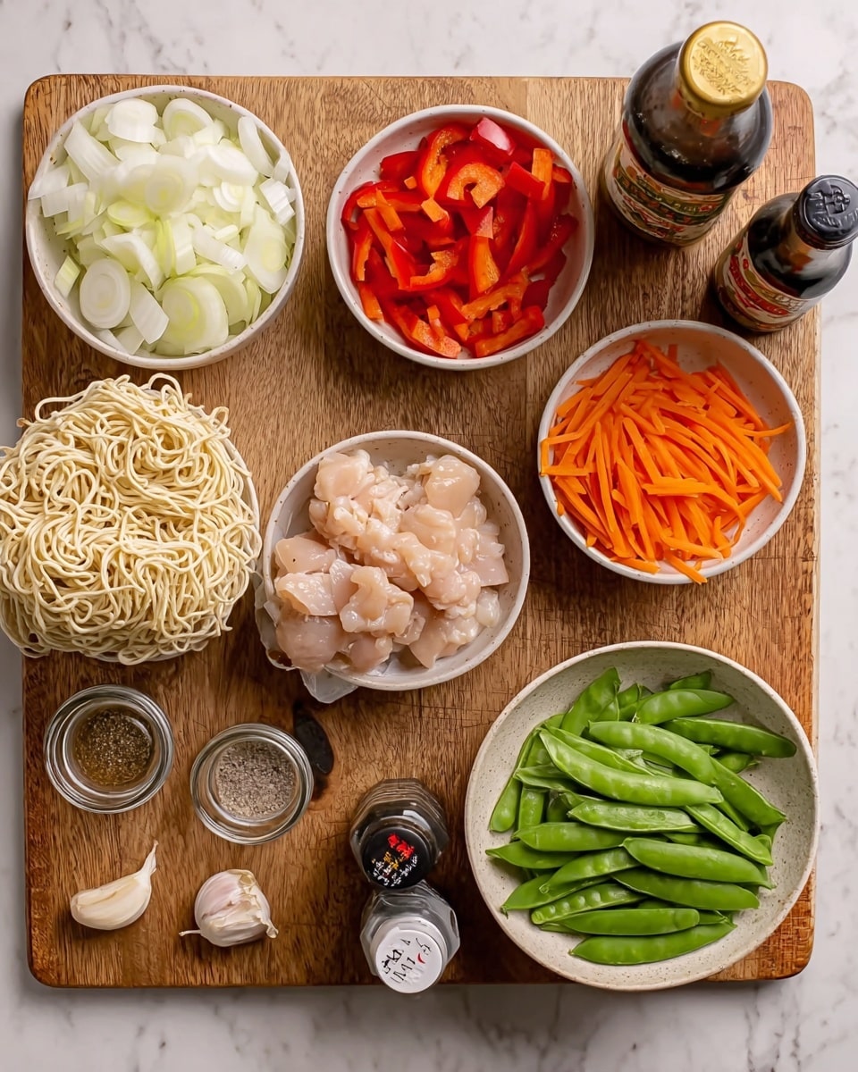 The image shows a wooden cutting board on a white marbled surface, holding several bowls and ingredients arranged neatly. There are five white bowls: one with sliced white onions, one with red pepper strips, one with raw diced chicken, one with dry uncooked noodles stacked in two small rounds, and one holding shredded orange carrots, green snap peas, and cut green onions bundled together. Around the bowls, there are various small bottles of sauces and spices, two cloves of garlic, and a small jar of ground white pepper, all positioned along the lower edge of the board. photo taken with an iphone --ar 4:5 --v 7