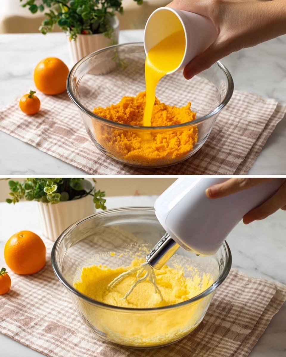 The image shows two steps of mixing ingredients in a clear glass bowl on a white marbled surface with a checked cloth underneath. In the first step, a woman's hand pours bright yellow liquid from a small white cup into the bowl, which already contains a textured orange-yellow paste at the bottom. Two small orange fruits with green leaves and green plants in white pots sit in the background. In the second step, a woman's hand operates a white electric mixer inside the same bowl, blending the contents into a light, smooth yellow mix with some bubbles on the surface. Photo taken with an iphone --ar 4:5 --v 7