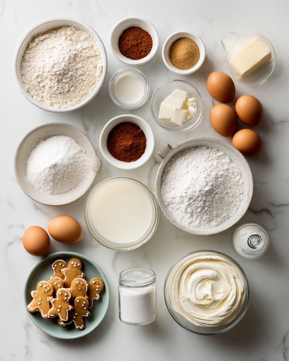 Top-down professional food photography, flat lay style, bright white marble countertop, neatly arranged, evenly spaced, tidy, clean organized layout, include: bowl of cake flour, small bowl of ground cinnamon, small bowl of ground ginger, small bowl of ground nutmeg, small bowl of ground allspice, small bowl of ground cloves, small bowl of baking powder, small plate with large eggs, small bowl of cream of tartar, small bowl of granulated sugar, glass measuring cup of milk, small glass cup of neutral oil, small bottle of vanilla essence, large bowl of cold whipping cream, small glass cup of cold eggnog, small bowl of powdered sugar, small bowl of ground nutmeg, small bottle of vanilla essence, small plate with gingerbread men cookies, bright soft natural lighting, sharp focus, high detail textures, realistic reflections, professional DSLR look, 4K, no finished dish, no cooked food, no hands, no text, no watermark, no brand logos --ar 4:5 --v 7