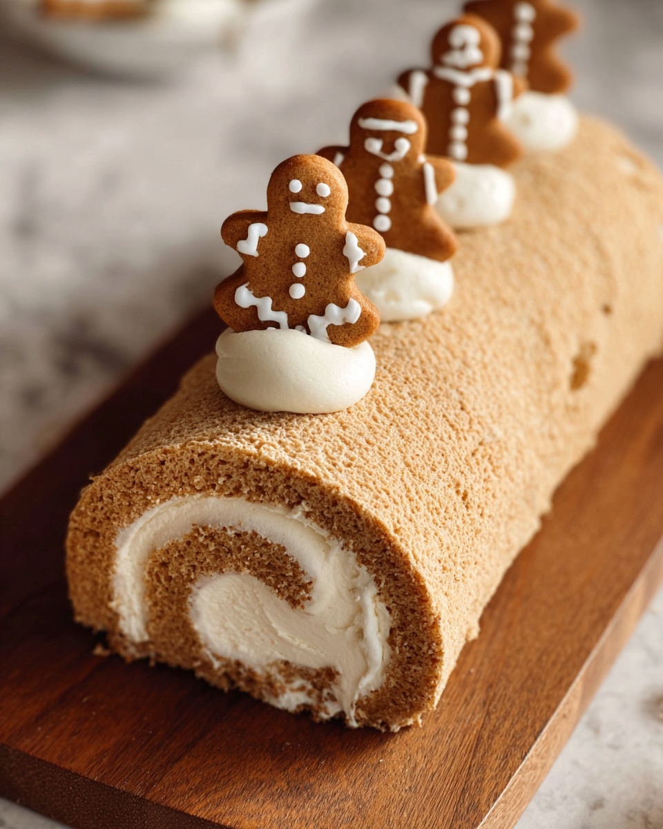 A light brown cake roll with a smooth, soft texture is placed on a wooden board on a white marbled surface. The roll reveals one visible swirl inside, showing a creamy white filling. On top, there is a line of small gingerbread cookies decorated with white icing, each resting on a dollop of white cream spaced evenly along the cake. The cake has a slightly grainy surface, and the focus is on the front cookie and cake end, with the background gently blurred. photo taken with an iphone --ar 4:5 --v 7