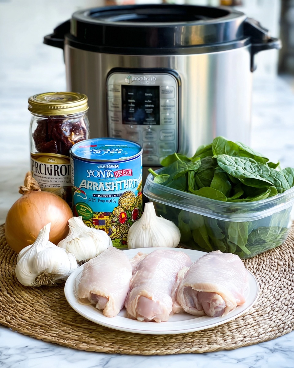 The image shows a white plate in the front center with three raw chicken pieces that are light pink and smooth. Behind the plate, there are two garlic bulbs that are white with rough texture. To the left, there is a light brown onion with dry skin. In the middle, a glass jar with dark red sun-dried tomatoes sits next to a blue can of artichoke hearts with a colorful label. On the right side, there is a clear plastic container filled with fresh, green baby spinach leaves. In the back, a large silver and black slow cooker is visible with a black lid and control panel. All items are placed on a round woven mat, and the background is a white marbled surface. Photo taken with an iphone --ar 4:5 --v 7