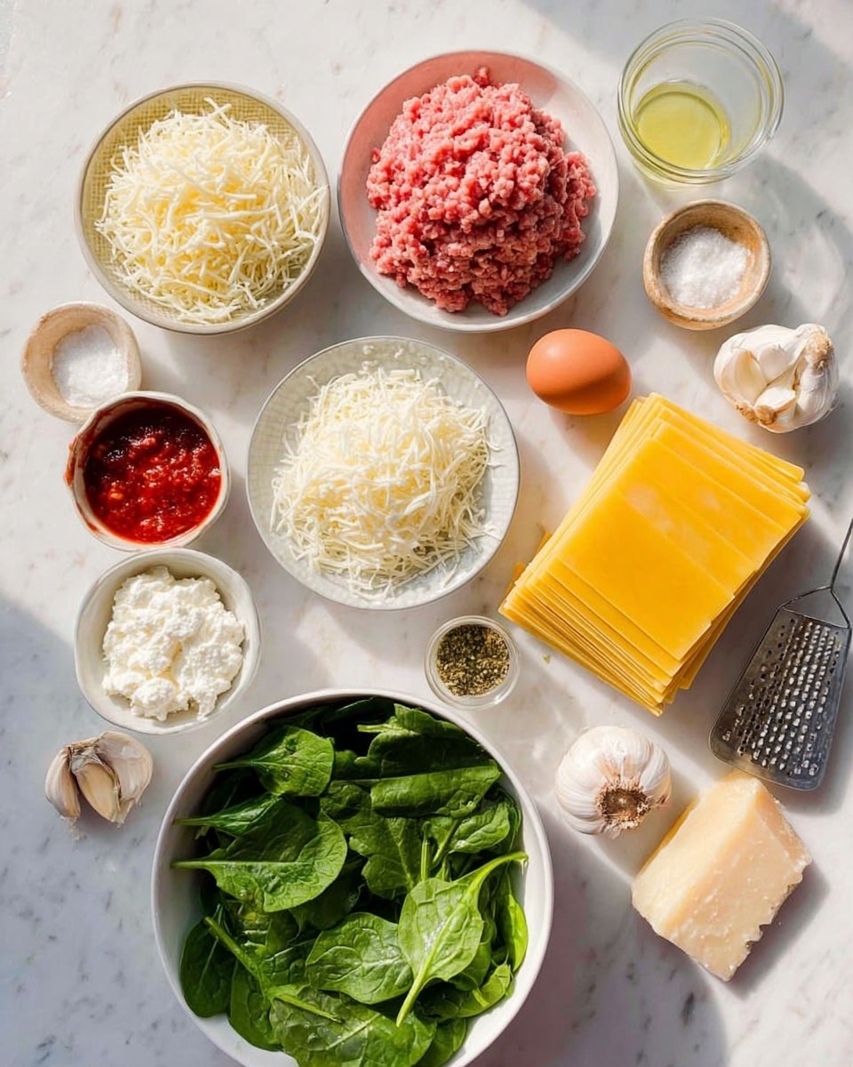 The image shows several ingredients arranged on a white marbled surface. Starting from the top left, there is a bowl of shredded white cheese, next to it on the right is a white plate with raw pink ground meat. Below that, there is a bowl filled with grated white cheese. On the right side, a stack of flat, uncooked yellow lasagna sheets is placed vertically. At the bottom left, a large white bowl is filled with fresh green spinach leaves. In the center, there is a small bowl of white ricotta cheese. Scattered around are smaller dishes and items: a small red paste in a bowl, a clove of garlic, two garlic cloves, an egg, green dried herbs, a jar of red sauce, olive oil, and a chunk of cheese with a small grater. The photo has bright natural lighting, creating soft shadows and highlighting the colors and textures of the ingredients. Photo taken with an iphone --ar 4:5 --v 7