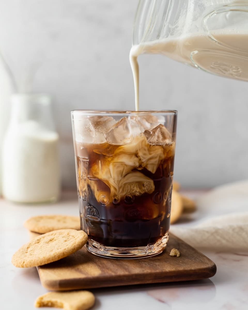 A clear glass filled with dark iced coffee and translucent ice cubes sits on a small wooden board. Cream is being poured into the glass from a clear pitcher, creating soft swirling patterns of light cream color mixing with the coffee. At the bottom left corner of the board are two beige round cookies, one partially eaten. The scene is set on a white marbled surface with a blurry light background. photo taken with an iphone --ar 4:5 --v 7