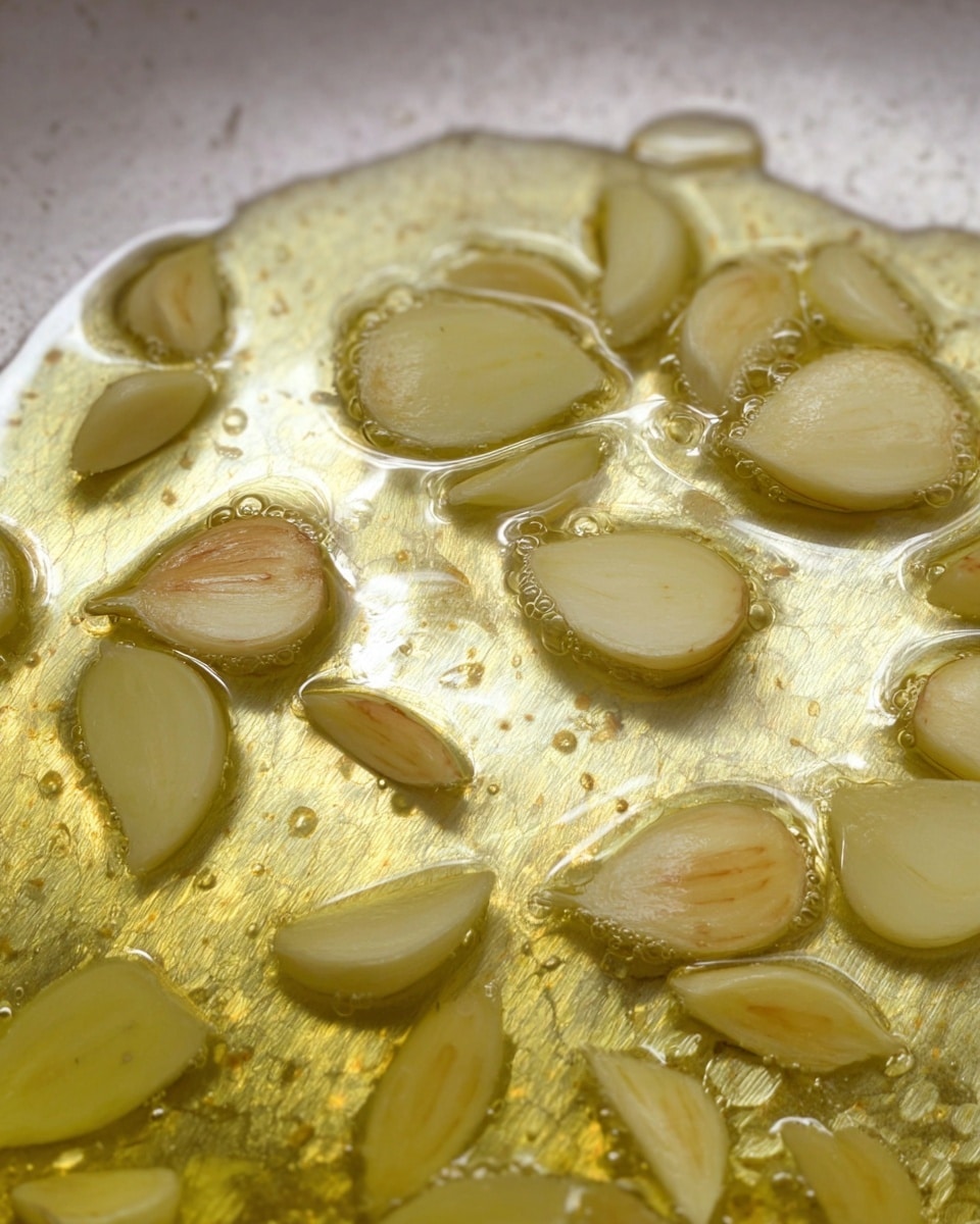 Thin, light yellow slices of garlic are frying and bubbling gently in clear golden oil inside a pan. The garlic pieces are uneven shapes, some curved, some flat, scattered closely together in the shimmering oil that reflects light with soft waves. The background is a white marbled texture. photo taken with an iphone --ar 4:5 --v 7