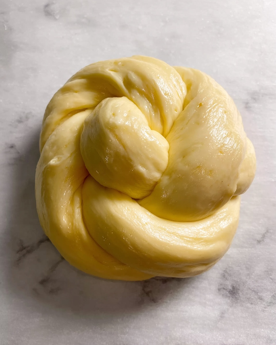 The image shows two close-up views of a shiny, smooth dough shaped into a knot on a white marbled surface lined with parchment paper. The dough appears golden-yellow with a slightly glossy texture, showing soft folds and smooth curves that form a rounded, plump shape with three visible thick loops twisted together. The swirl pattern creates a sense of layers stacked on top, with a small central indentation on top. The surface underneath is clean and bright, helping the dough's color stand out. photo taken with an iphone --ar 4:5 --v 7