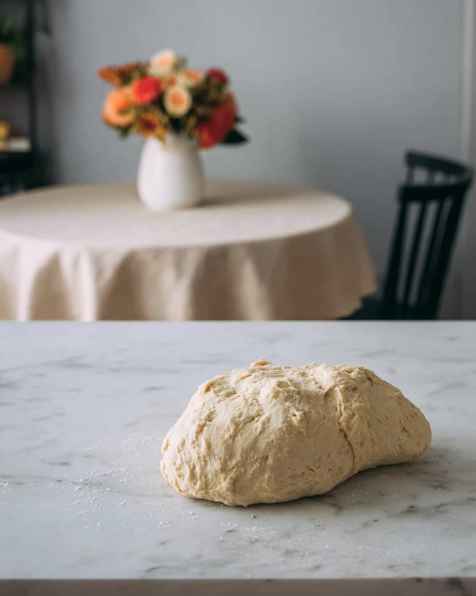 A rough, light beige dough sits on a white marbled surface, showing a soft and slightly uneven texture with small finger marks pressing into its top left side. The background has a round table covered with a white cloth, holding a white vase filled with orange, red, and pale yellow flowers, and a black chair partially visible behind it. The scene is softly lit, giving a calm and clean kitchen atmosphere. Photo taken with an iphone --ar 4:5 --v 7