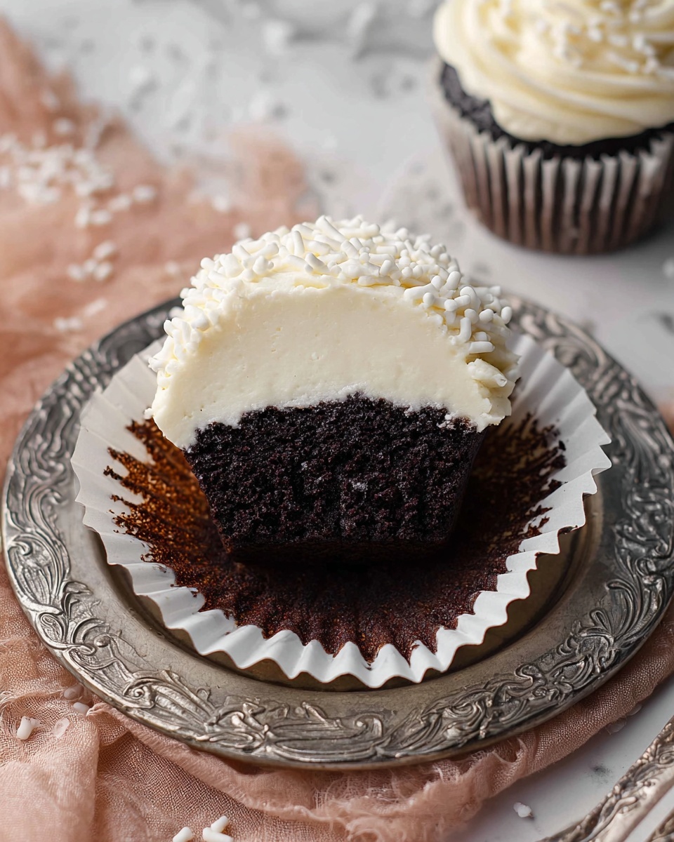 A close-up of a chocolate cupcake with one layer of dark blackish-brown cake at the bottom and a thick layer of white creamy frosting on top, sitting inside a white paper cup that is fanned out, placed on an ornate antique silver plate. The plate is on a dusty pink cloth, and the background has a white marbled texture with scattered white sprinkles. There is also a partial view of another cupcake, frosted with white cream and topped with white sprinkles, at the top right corner of the image. Photo taken with an iphone --ar 4:5 --v 7