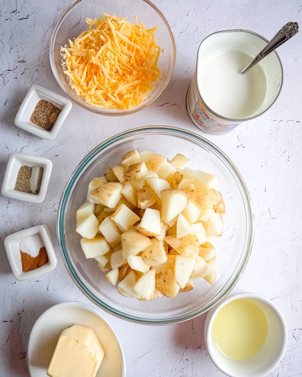 The image shows a clear glass bowl at the bottom center filled with many pieces of chopped potatoes with light brown skin and white flesh, giving a rough, chunky texture. Above and around the bowl are several small white bowls and containers on a white marbled surface. At the top right, there is a clear glass cup filled with white milk, and below it, a small open can with creamy white sauce or soup with a dark spoon inside. To the left of the glass cup, there is a small clear bowl filled with shredded bright orange and pale yellow cheddar cheese strands. On the left side, a square white bowl holds three different ground spices in separate sections: salt, black pepper, and garlic powder in light brown color. Below the spices bowl is an irregular-shaped small white bowl with a thick pale yellow piece of butter. In the center near the clear bowl of potatoes, there is a small clear cup containing light yellow oil. The whole setup is arranged neatly, showing ingredients ready to combine for cooking, photo taken with an iphone --ar 4:5 --v 7