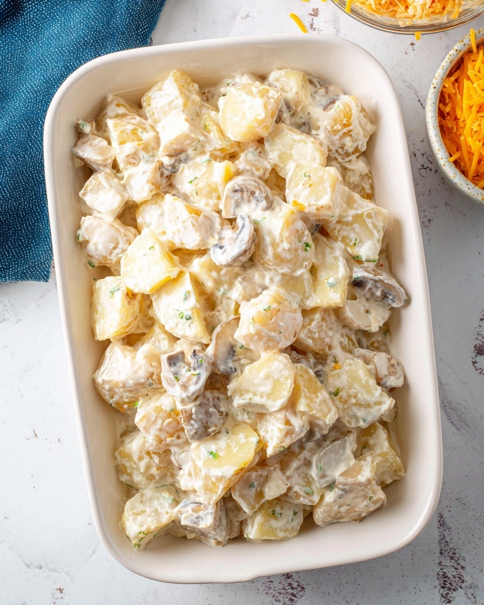 A white rectangular dish holds a creamy potato salad made of bite-sized, uneven chunks of pale yellow potatoes mixed with a rich white sauce. Small pieces of mushroom or similar ingredients are scattered throughout, giving the salad a slightly textured look with hints of light brown. The dish is set on a white marbled surface, with part of a bowl holding shredded orange cheese visible in the top right corner and a blue cloth peeking from the top left. The creamy sauce covers the potatoes evenly, creating a soft, smooth texture overall. photo taken with an iphone --ar 4:5 --v 7