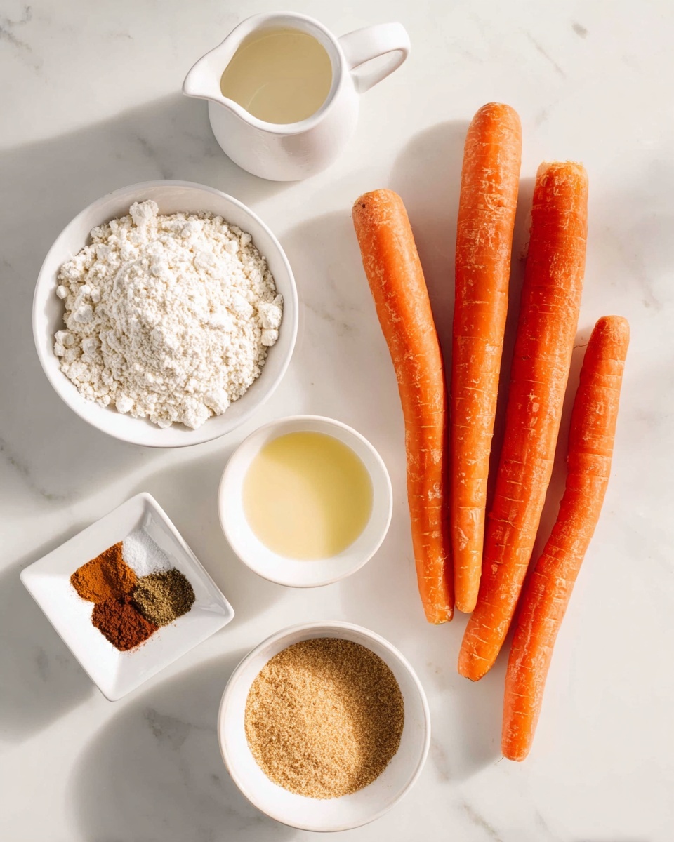 In the image, there are four whole carrots placed side by side in the center on a white marbled surface. Around them, there are six small white bowls arranged loosely: one bowl at the top left is filled with white flour, next to it on the right is a small white pitcher with a light cream liquid inside, and below that is a small white square bowl with white powders. On the bottom right is a bowl with light brown sugar, and to the left of it is a bowl holding a pale yellow liquid. Near the bottom left sits a square bowl with two different ground spices, one dark brown and one light brown. The ingredients are spread evenly with enough space between them. The lighting is bright and natural, showing soft shadows. Photo taken with an iphone --ar 4:5 --v 7
