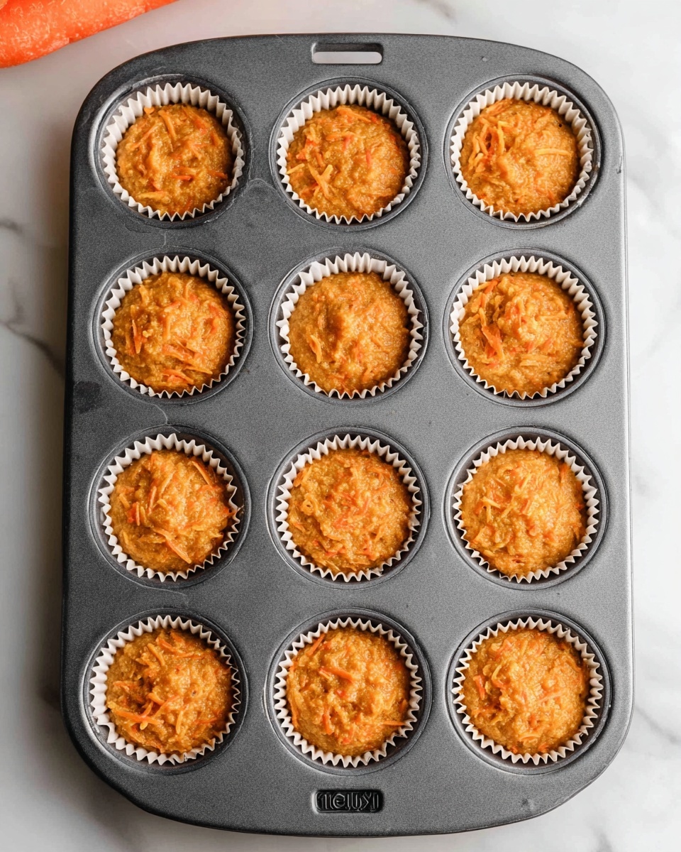 A gray metal muffin tray filled with twelve paper cupcake liners, each liner holding a dollop of thick, orange batter with a slightly rough texture made from shredded ingredients. The tray rests on a white marbled surface. Part of an orange carrot is visible in the top left corner. photo taken with an iphone --ar 4:5 --v 7