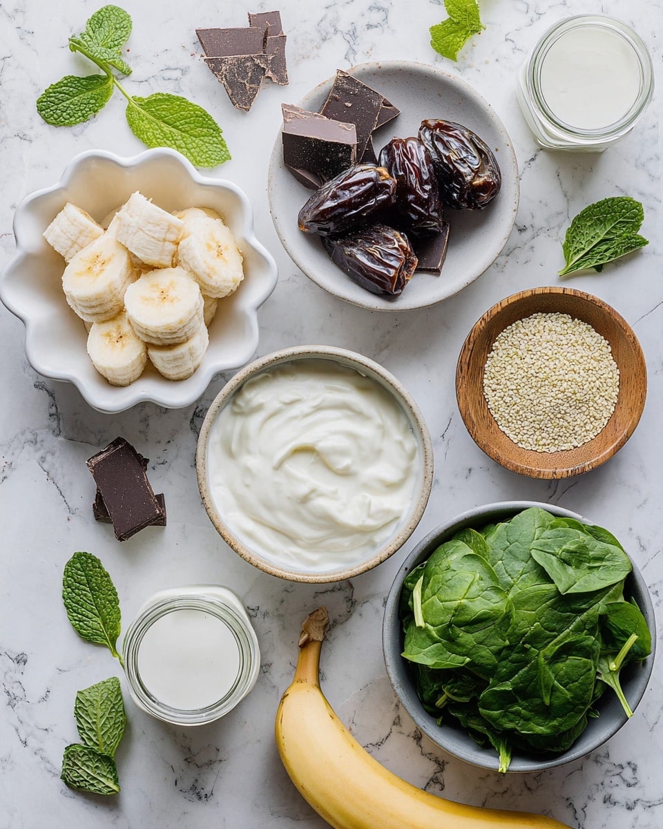 The image shows several white scalloped bowls and a round gray bowl arranged on a white marbled surface. One white scalloped bowl contains thick banana slices, while another has dark brown dates. A round beige bowl holds thick, dark chocolate chunks and shavings, next to a small wooden bowl filled with light tan hemp seeds. The gray bowl in the center is full of smooth white yogurt. There is also a white bowl filled with fresh, green spinach leaves. A small glass jar contains white liquid, likely milk. Fresh green mint leaves are scattered around, with a whole peeled banana placed on the lower right corner. Photo taken with an iphone --ar 4:5 --v 7
