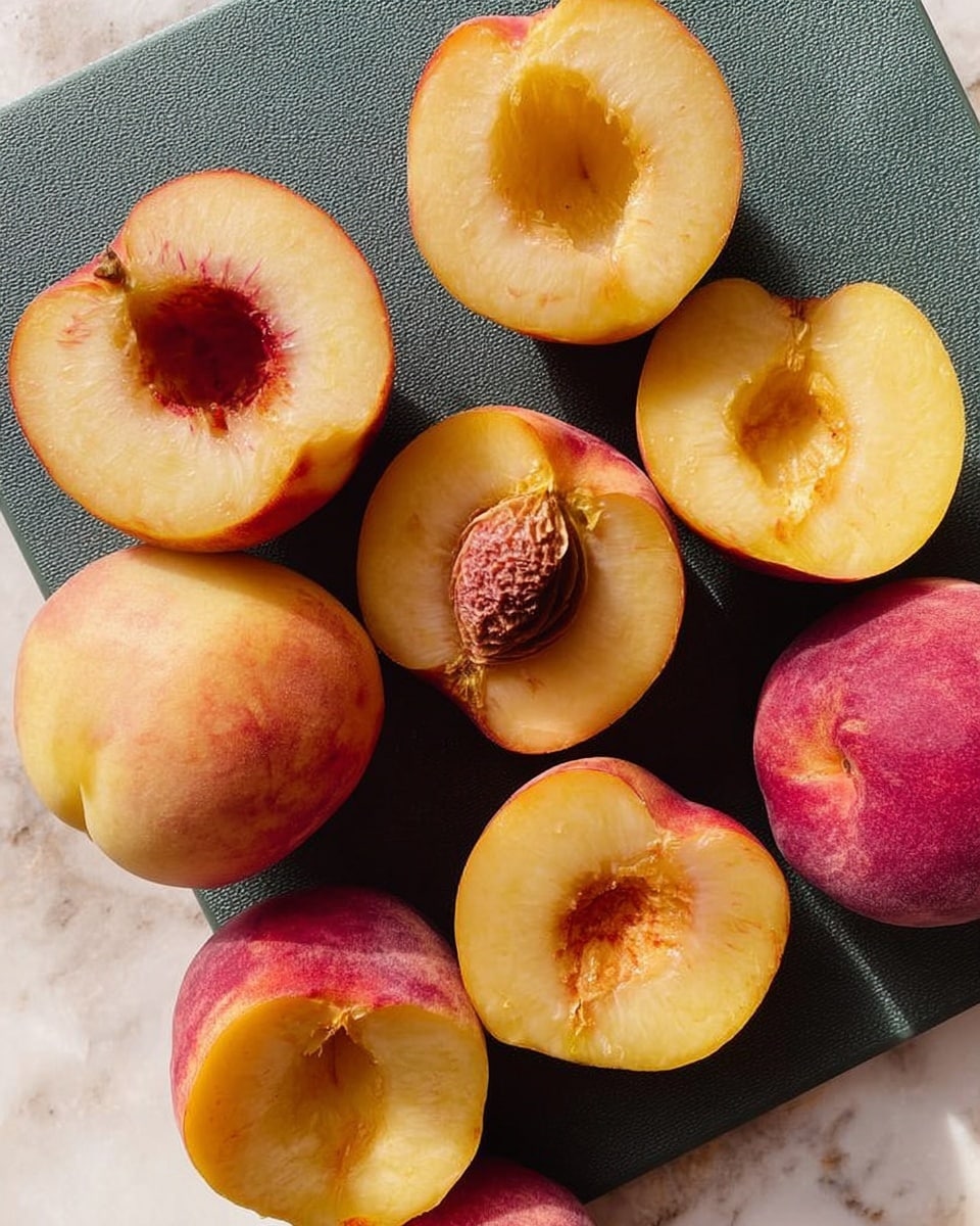 Eight peach halves are shown on a dark green cutting board placed on a white marbled surface. The peaches vary in color with some having yellow flesh and others a light pink to reddish hue. Each peach half has a visible seed in the center. The peach skin around the edges shows a mix of yellow and red tones, and the texture of the fruit looks soft and juicy. Some pulp shows slight wetness and natural fruit fibers are visible. The light source creates soft shadows adding a natural look. photo taken with an iphone --ar 4:5 --v 7