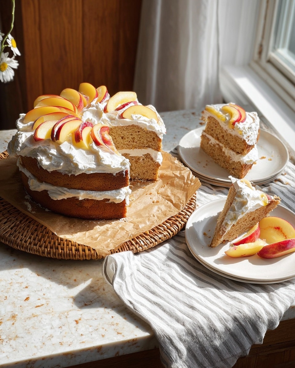 A two-layer round cake sits on a wicker tray with parchment paper underneath. The cake layers are light brown and sponge-like with white cream spread thickly between them and on top, spilling slightly over the edges. The top layer is decorated with generous dollops of fluffy white cream and fresh peach slices, showing shades of yellow and red. Two slices of cake with the same light brown sponge and white cream layers are placed on small white plates nearby, one with some peach slices beside it on a striped cloth. The scene is lit by natural light from a window, with a white marbled textured surface beneath and soft shadows around. photo taken with an iphone --ar 4:5 --v 7