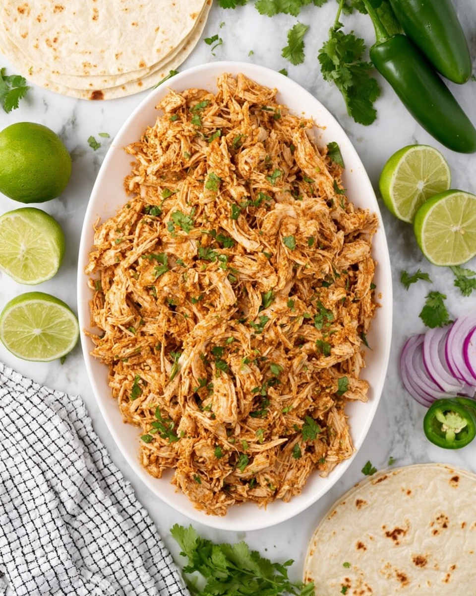 The image shows a large white oval plate filled with shredded chicken mixed with small green cilantro pieces. The chicken looks tender and has a light reddish-brown color from seasoning. The plate is placed on a white marbled surface, surrounded by fresh lime halves and slices, whole green jalapeños, a few sprigs of cilantro, thin slices of red onion, and three white tortillas with light brown spots. The setting also includes a white and black checkered cloth at the bottom left corner. Photo taken with an iphone --ar 4:5 --v 7