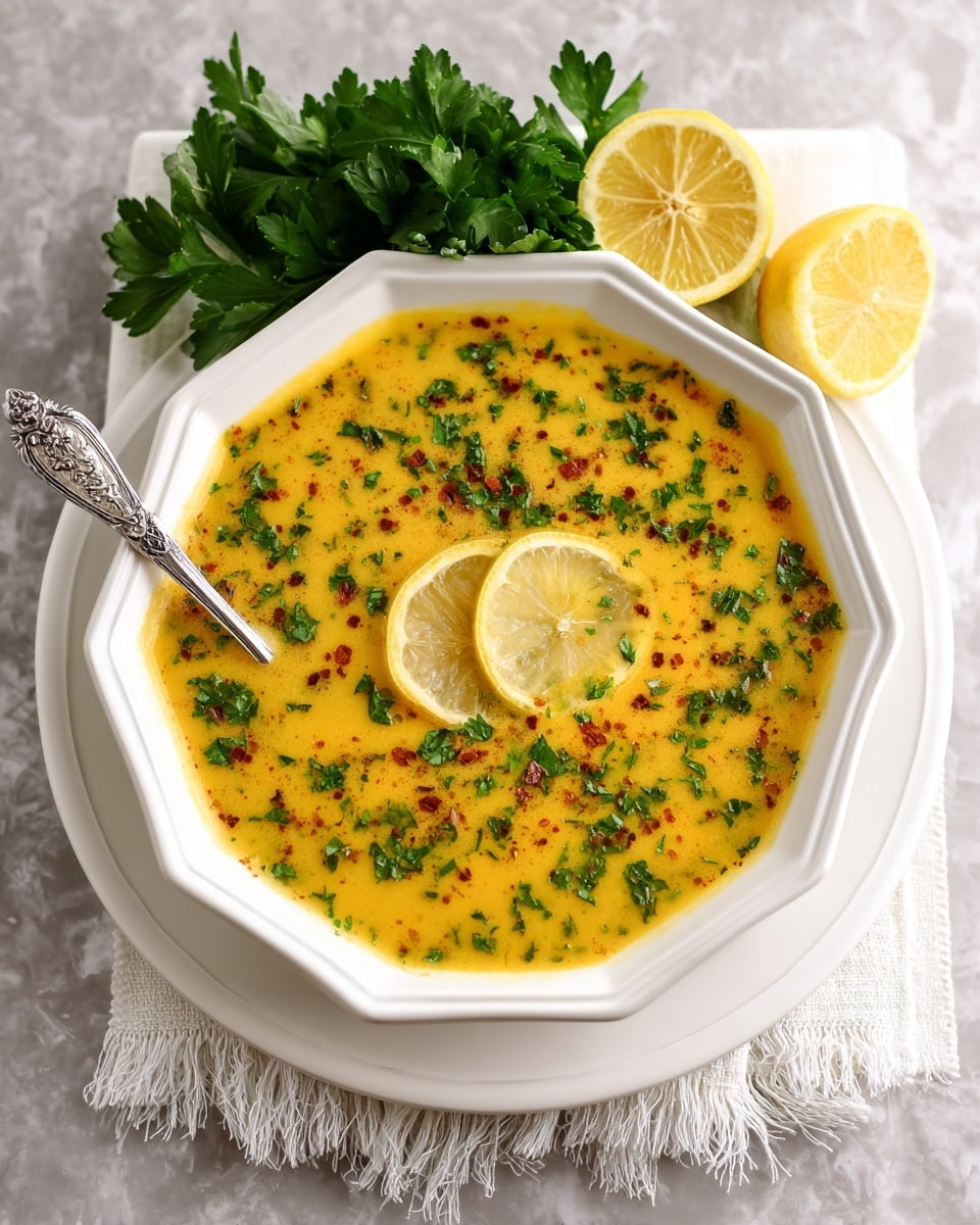 A white octagonal bowl holds a thick yellow soup sprinkled with finely chopped green herbs and small red spices throughout. Two thin lemon slices float on top near the center, adding a bright contrast. A silver ornate spoon rests inside the bowl on the left side. The bowl sits on a larger white plate, and behind it is a bunch of fresh green parsley and two lemon wedges. The whole setup is placed on a white marbled texture surface with a white fringed cloth partially visible under the plate. Photo taken with an iphone --ar 4:5 --v 7