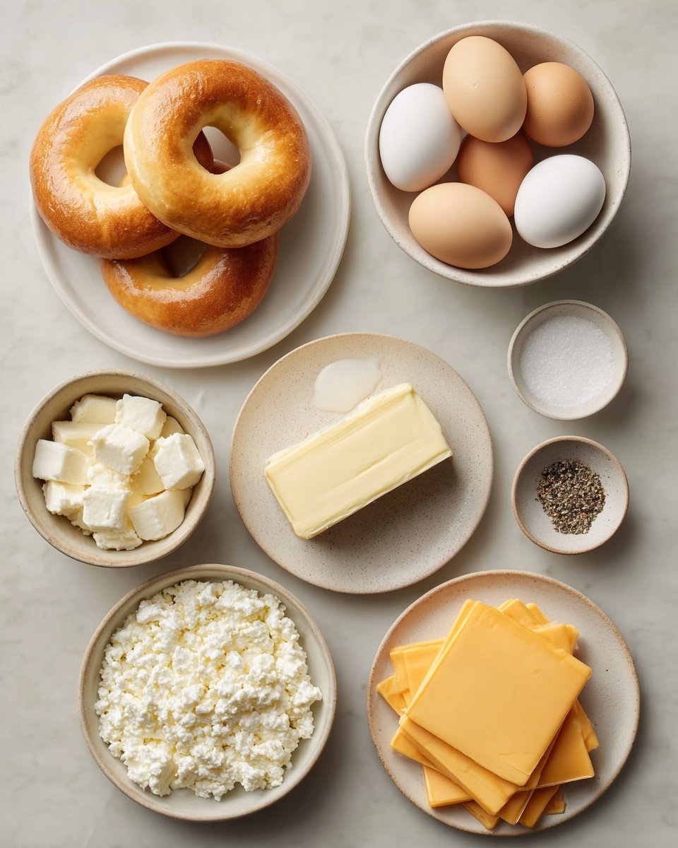 The image shows seven white dishes arranged on a white marbled surface. In the top left, there is a plate stacked with four golden brown bagels. To the top right, a bowl holds six eggs with mixed light brown and beige shells. Below the bagels, a small bowl has white cream cheese chunks. In the center, a round plate holds two rectangular slices of pale yellow butter stacked neatly. Below the butter, a small dish contains a little white liquid, likely milk. To the bottom left, a bowl is full of white cottage cheese, showing a lumpy texture. To the bottom right, a plate has neatly stacked orange-yellow cheddar cheese slices. Near the butter plate to its right, a small bowl holds white salt and two types of black and gray pepper. The photo taken with an iphone --ar 4:5 --v 7
