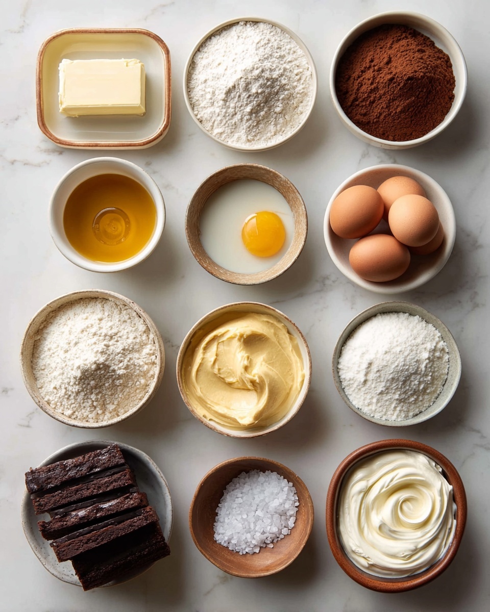 The image shows fifteen small white bowls and dishes arranged neatly on a white marbled surface. From top left, there is a rectangular slab of butter, a bowl filled with white flour, and a bowl with fine cocoa powder. Below are another bowl with cocoa powder, three brown eggs, a bowl of powdered sugar, and a bowl filled with a creamy yellow butter mixture. The next row contains a bowl with white flour, a bowl of vanilla extract, a bowl with a raw egg yolk, and a bowl with smooth peanut butter. The bottom row has a bowl with two dark chocolate bars, a bowl with a rich chocolate cake or brownie, a bowl of white cream, and a small wooden bowl with coarse salt. Photo taken with an iphone --ar 4:5 --v 7
