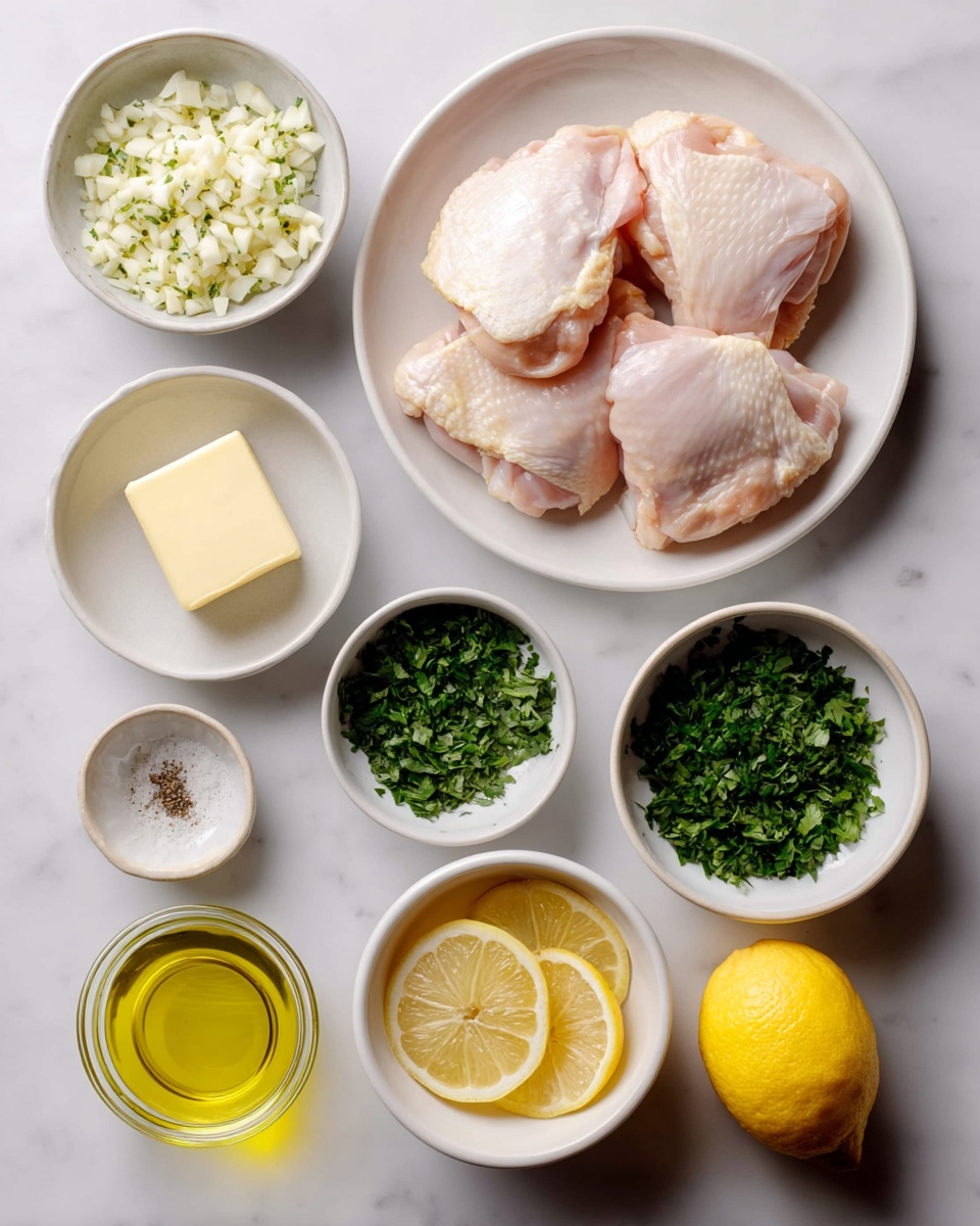 The image shows eight small white bowls and a white plate arranged on a white marbled surface. The white plate on the top right holds four raw pale pink chicken thighs with smooth texture. To the top left is a white bowl filled with finely chopped white garlic pieces. Below it, another white bowl has bright green chopped parsley. At the center left, a small white bowl contains a square of pale yellow butter. Next to it, a tiny white bowl holds olive oil with a few specks of black pepper and white salt. On the bottom left, a clear glass container is filled with golden olive oil. Near it, a white bowl contains chopped dark green herbs. On the right bottom corner, a small white bowl shows three lemon slices, and above it, a half lemon with light yellow flesh rests on the marbled surface. Photo taken with an iphone --ar 4:5 --v 7
