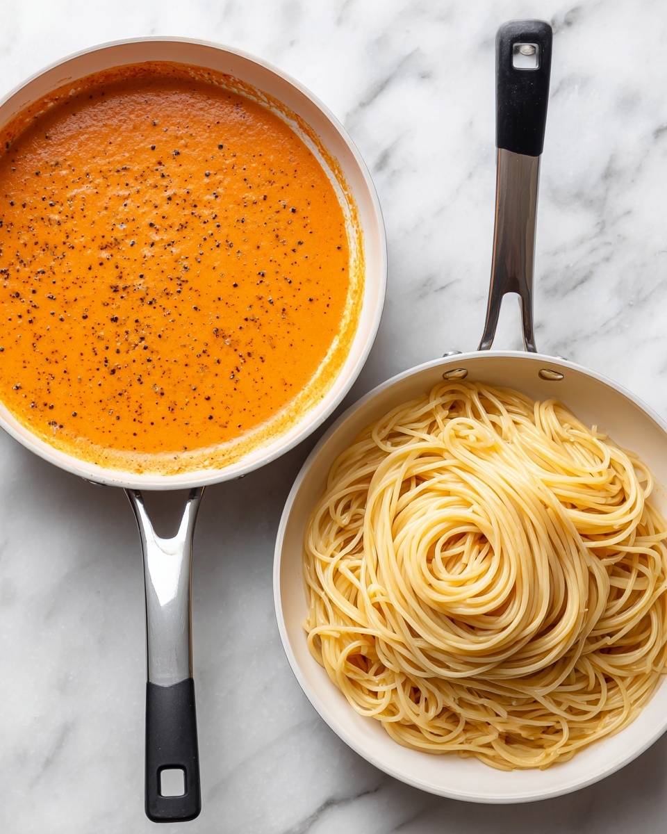 The image shows two white frying pans on a white marbled surface. The left pan has one layer of creamy orange-red sauce with visible black pepper specks, smooth and evenly spread across the bottom and sides of the pan. The right pan has two layers—the same orange-red sauce at the bottom with the edges visible around the sides, topped with a pile of pale yellow cooked spaghetti noodles. The spaghetti is loosely piled in the center, with soft, smooth texture, slightly glossy from moisture, and some strands falling naturally over the sauce. The pan handles are black with silver attachments. Photo taken with an iphone --ar 4:5 --v 7