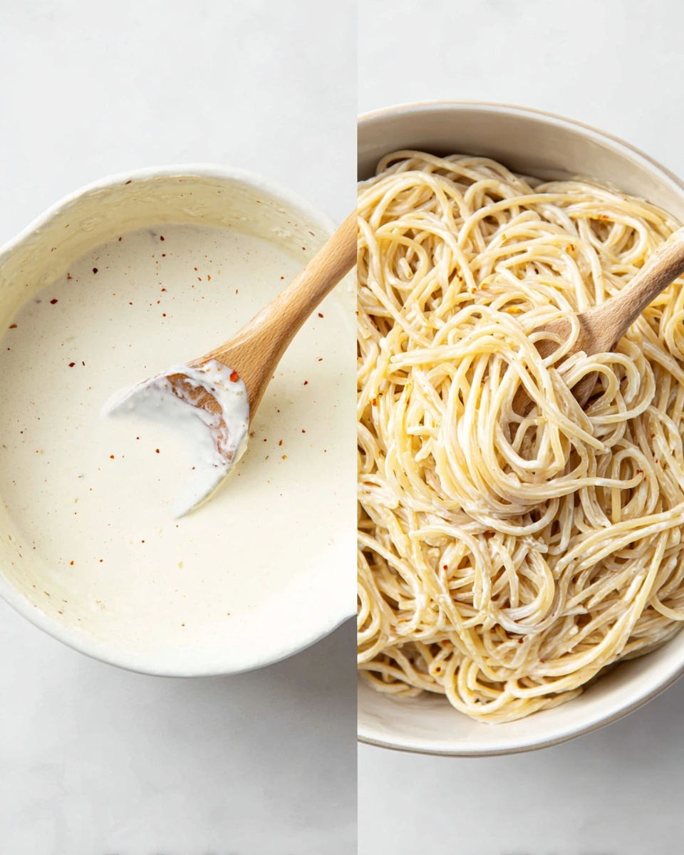 A white bowl filled with smooth cream sauce and a wooden spoon resting inside, covered with some sauce, is shown on the left side. On the right side, there is the same white bowl filled with creamy spaghetti mixed well with the sauce, showing the spaghetti strands coated evenly with a light off-white sauce speckled with red pepper flakes, and a wooden spoon stuck inside the pasta. All is placed on a white marbled surface. photo taken with an iphone --ar 4:5 --v 7