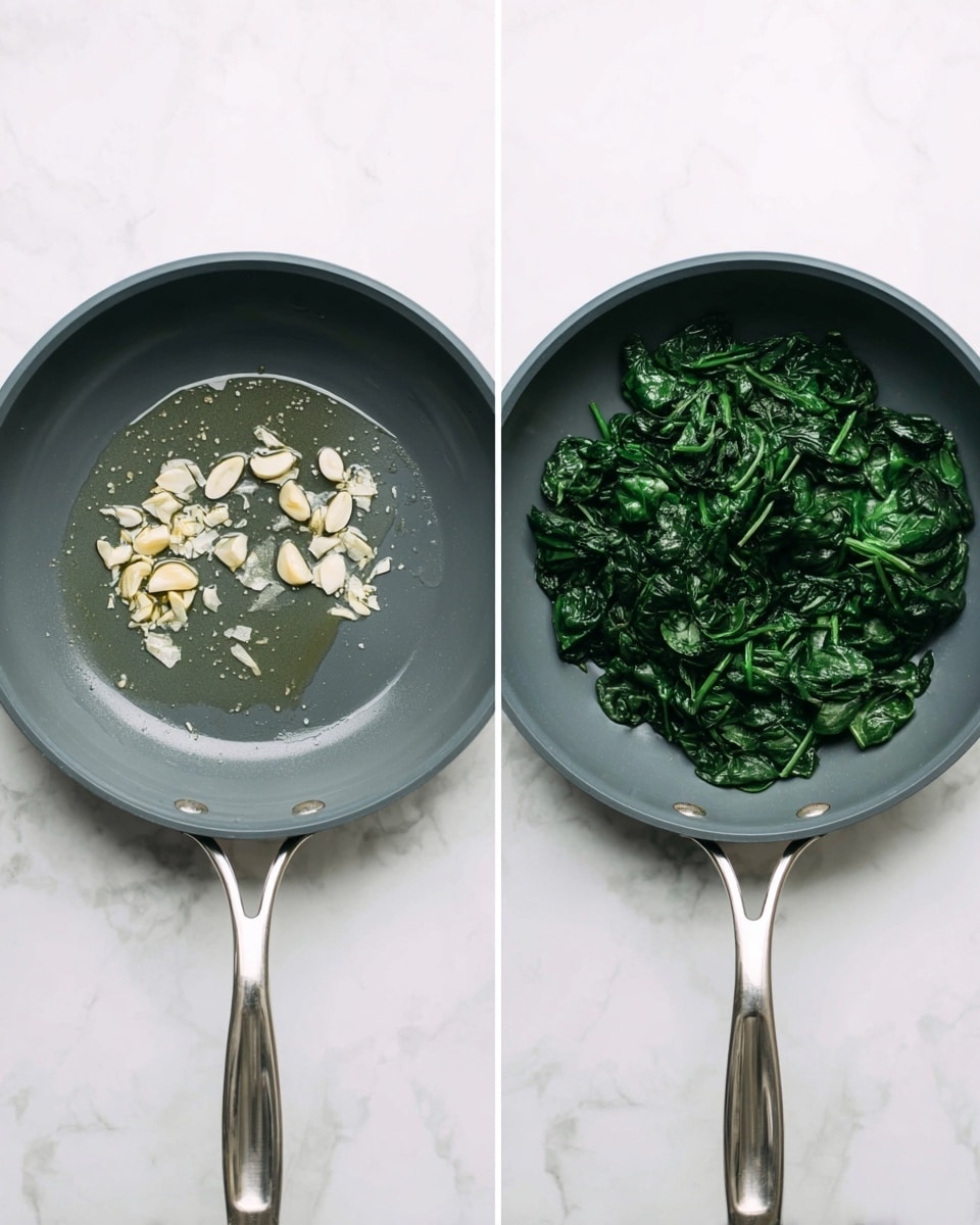 The image shows two grey frying pans on a white marbled surface side by side. The left pan contains a small layer of olive oil with thinly sliced garlic pieces spread near the center, showing a light golden color and slightly translucent texture. The right pan contains cooked spinach leaves layered evenly, dark green in color with a soft, slightly shiny texture. Thin slices of garlic are scattered on top of the spinach, blending into the greens. Both pans have metal handles pointing out toward the front bottom of the image. Photo taken with an iphone --ar 4:5 --v 7