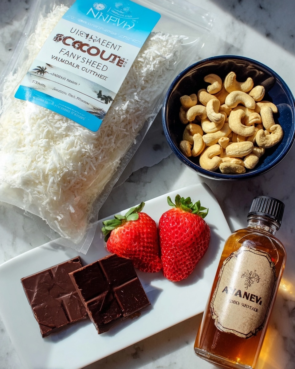 The image shows a clear plastic bag with white shredded coconut inside, labeled