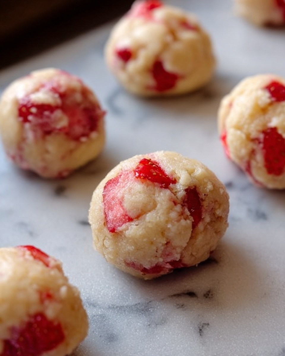 The image shows several small dough balls placed on a baking sheet. Each dough ball is light beige with bright red chunks of what looks like strawberries mixed inside. The texture of the dough is slightly crumbly but holds its round shape well. The background is a white marbled surface, giving a clean and simple look. Photo taken with an iphone --ar 4:5 --v 7