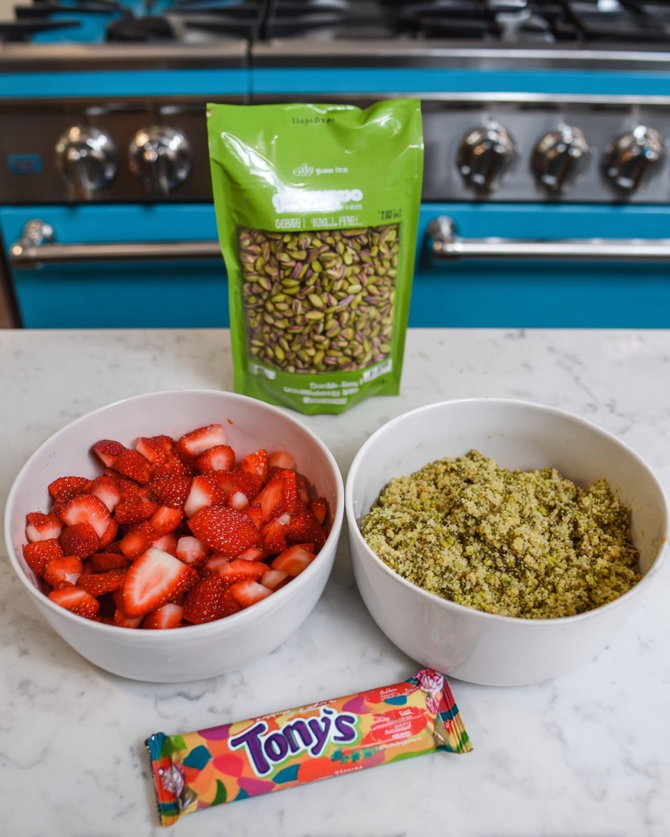 The image shows two white bowls on a white marbled surface. The bowl on the left is filled with chopped red strawberries, the pieces small and juicy, covering the entire bowl. The bowl on the right contains a greenish mixture with a crumbly texture, filling the bowl completely. Behind the bowls, there is a green pack of roasted and salted pistachios standing upright. The background includes a blue stove with silver knobs and burners, slightly blurred. In front of the bowls, there is a colorful Tony's chocolate bar wrapper lying flat. Photo taken with an iphone --ar 4:5 --v 7